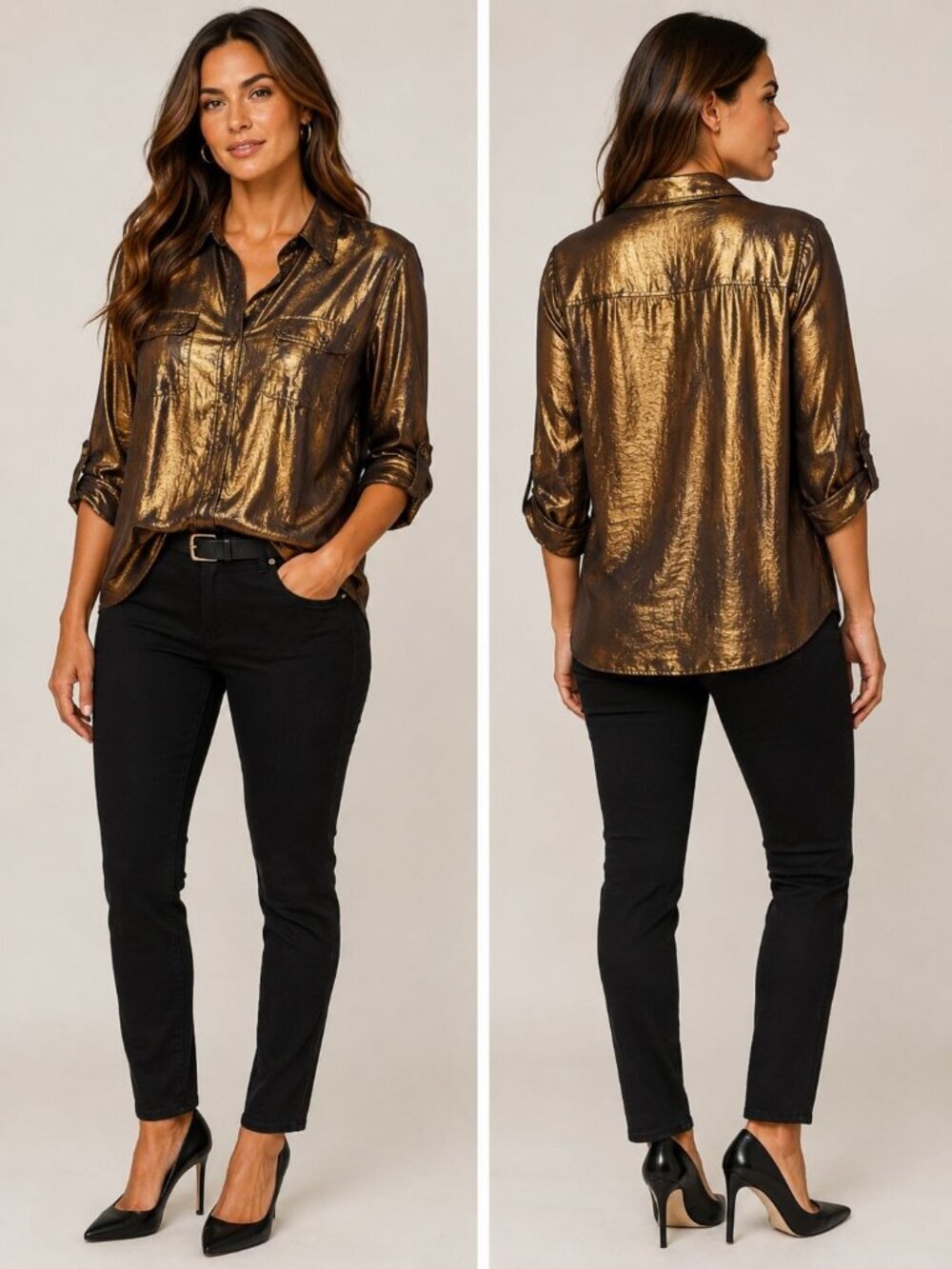 Calvin Klein Button Up Roll Tab Sleeves Womens Shirt Metallic Bronze XLarge